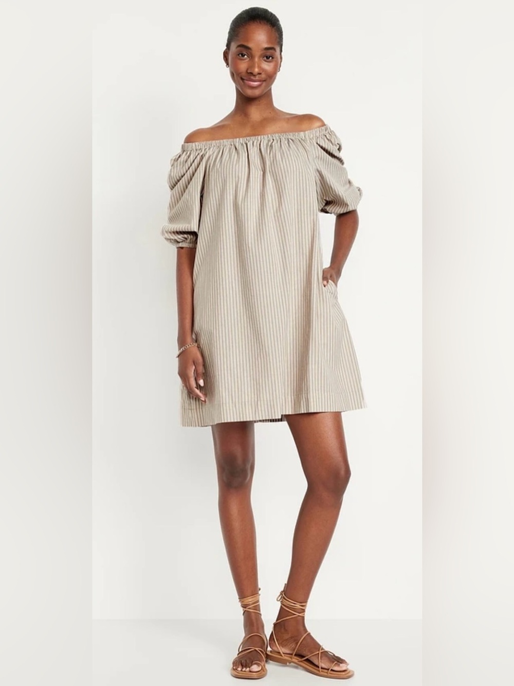 Old Navy Off-Shoulder Striped Summer Dress in Beige
